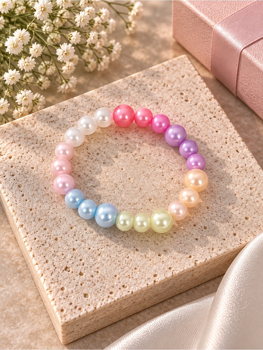 Kids Multicolor Pearl Bead Bracelet - Pastel Rainbow